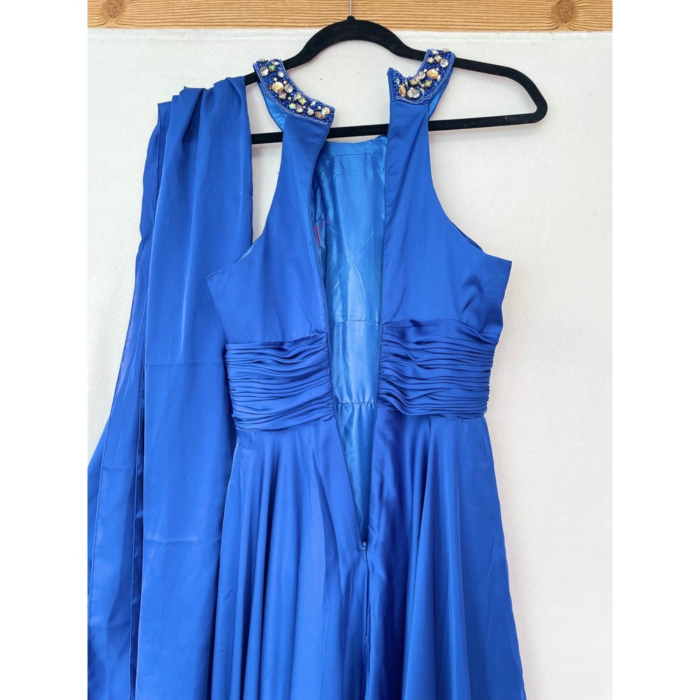 Dancing Queen Gown Womens S Blue Beaded Halter Ruched Maxi Ball Gown Dress - Picture 9 of 13